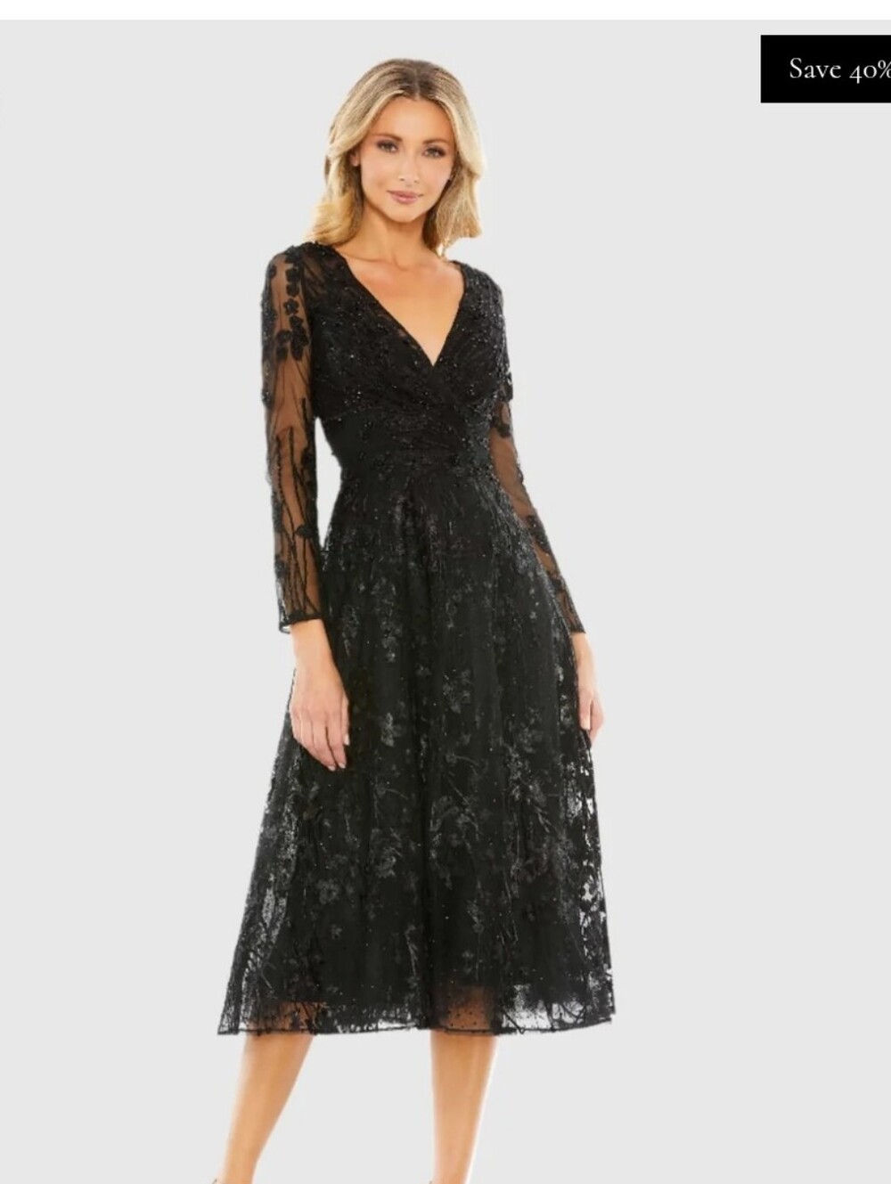 Mac Duggal Black Embellished Floral Long Sleeve Dress 10